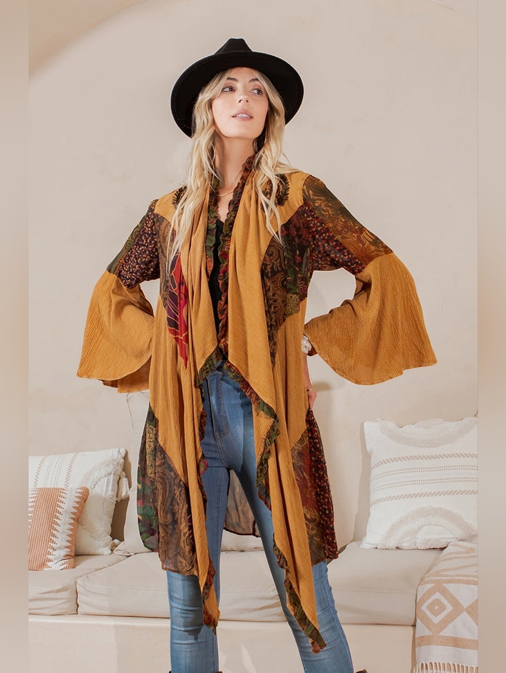 Mustard Patchwork Boho Duster Cardigan